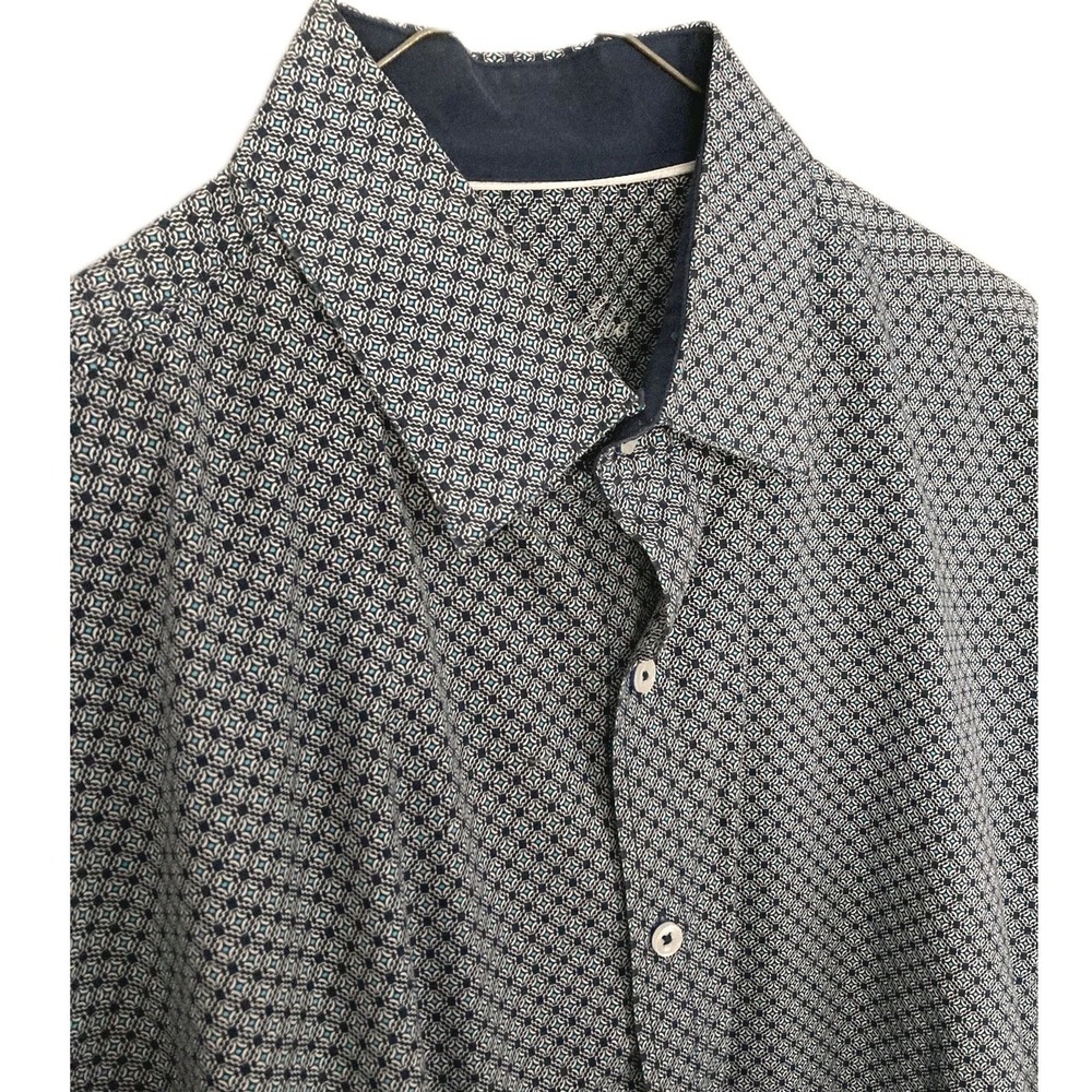 Tasso Elba Shirt Men XL 17-17.5 Blue Geometric Cotton Long Sleeve Button Front